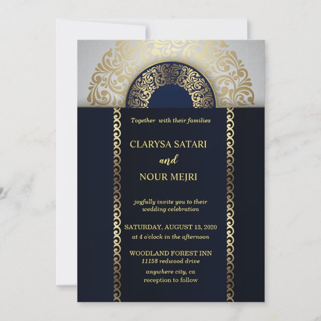 Stylish chic blue gold geometric pattern wedding invitation (Front)