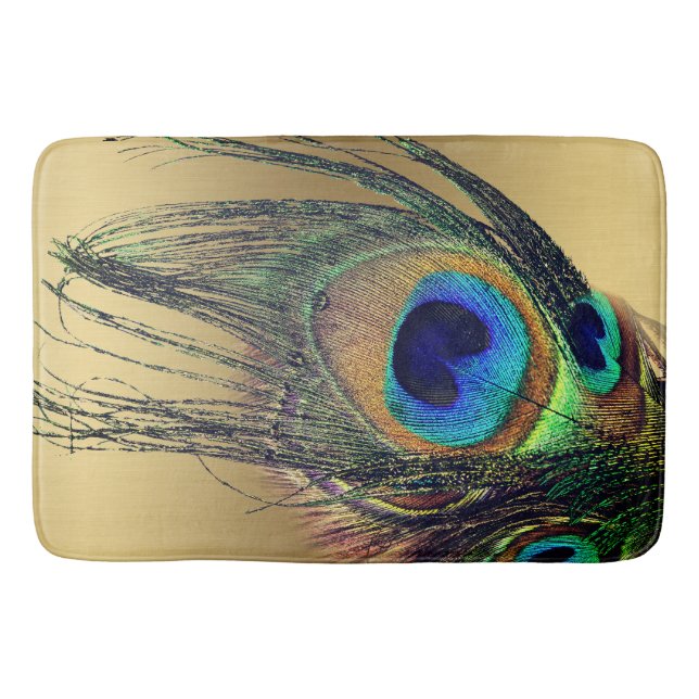 Stylish Chic Blue Gold Peacock Feather Bath Mat (Front)