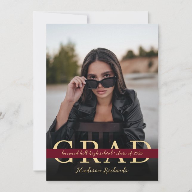 Stylish Chic Burgundy and gold Photo Graduation Invitation (Front)