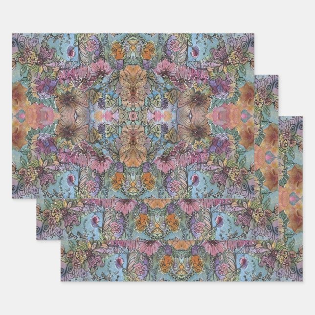 Stylish Chic Flower Garden Watercolor Painting  Wrapping Paper Sheet (Set)