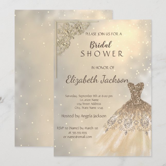 Stylish Chic Gold Glitter Dress  Bridal  Invitation (Front/Back)