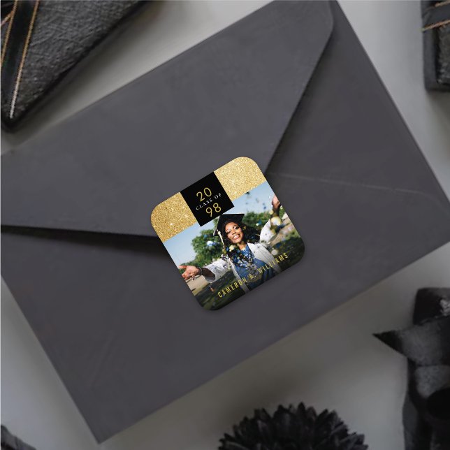 Stylish Chic Gold Glitter Modern Graduation Photo Square Sticker (Stylish Chic Faux Gold Glitter Modern Graduation Photo Square Party Favor Sticker / Envelope Seal)