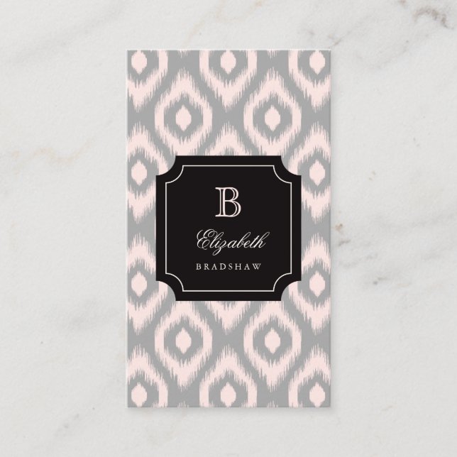 Stylish Chic Grey Blush Pink Diamond Ikat Monogram Business Card (Front)