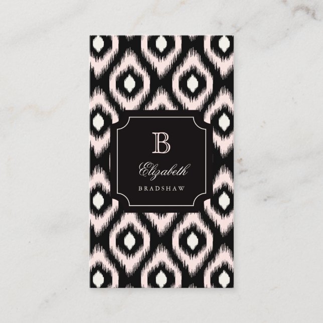 Stylish Chic Ivory Pink Diamond Ikat Monogram Business Card (Front)