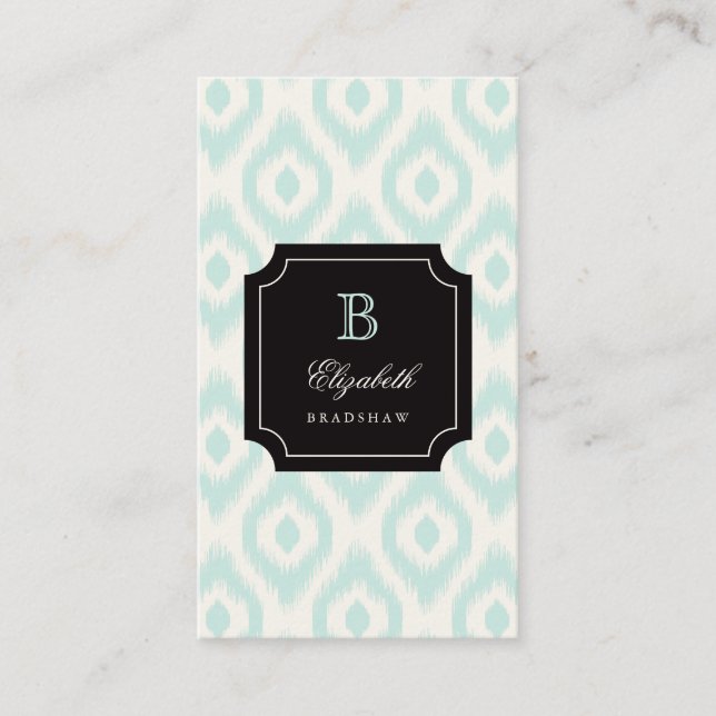 Stylish Chic Mint Ivory Diamond Ikat Monogram Business Card (Front)