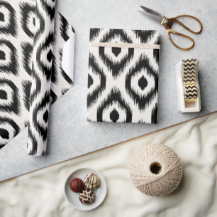 Stylish Chic Mod Black Ivory Diamond Ikat Pattern Wrapping Paper