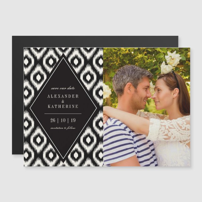 Stylish Chic Mod Diamond Ikat Photo Save The Date Magnetic Invitation (Front/Back)