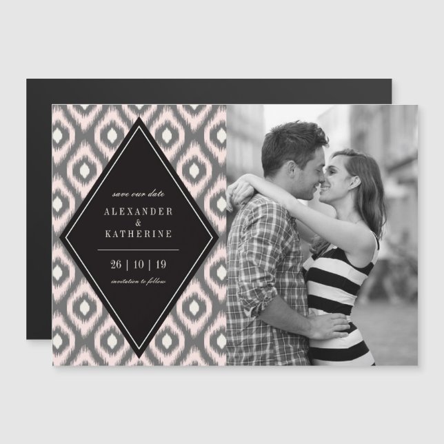 Stylish Chic Mod Diamond Ikat Photo Save The Date Magnetic Invitation (Front/Back)