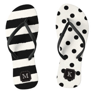 Stylish Chic Modern Black Dots & Stripes Monogram Flip Flops