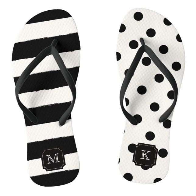 Stylish Chic Modern Black Dots & Stripes Monogram Flip Flops (Footbed)