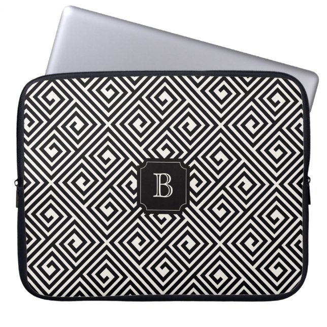 Stylish Chic Modern Black Ivory Greek Key Monogram Laptop Sleeve (Front)