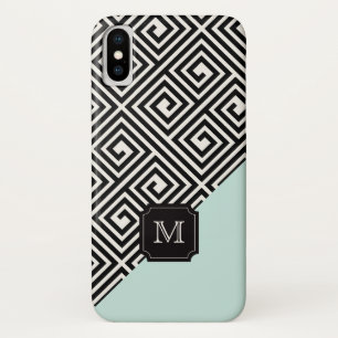 Stylish Chic Modern Black Mint Greek Key Monogram iPhone X Case