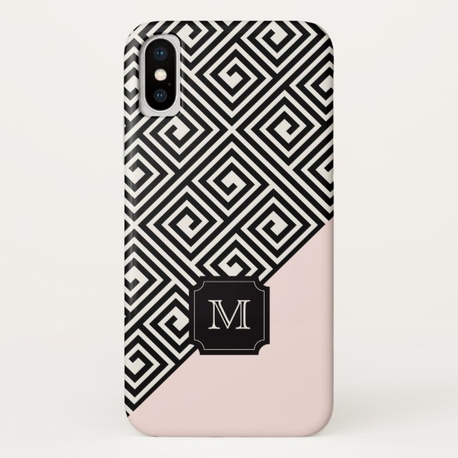 Stylish Chic Modern Black Pink Greek Key Monogram Case-Mate iPhone Case (Back)