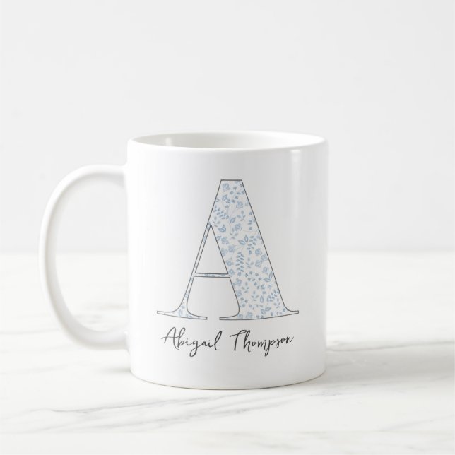 Stylish Chic Modern Monogram Botanical Blue Floral Coffee Mug (Left)