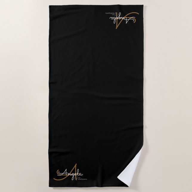 stylish chic monogram on black beach towel (Front)