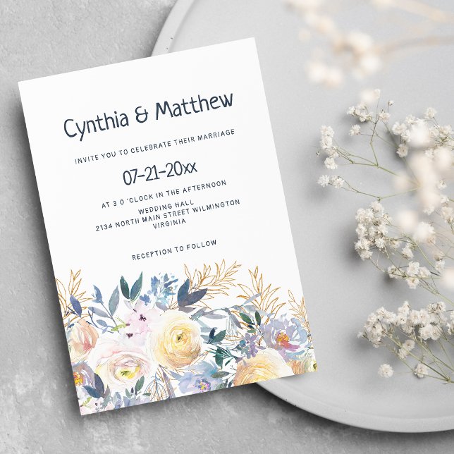 Stylish chic navy blue ivory gold floral wedding i invitation (Stylish chic navy blue ivory gold floral wedding)