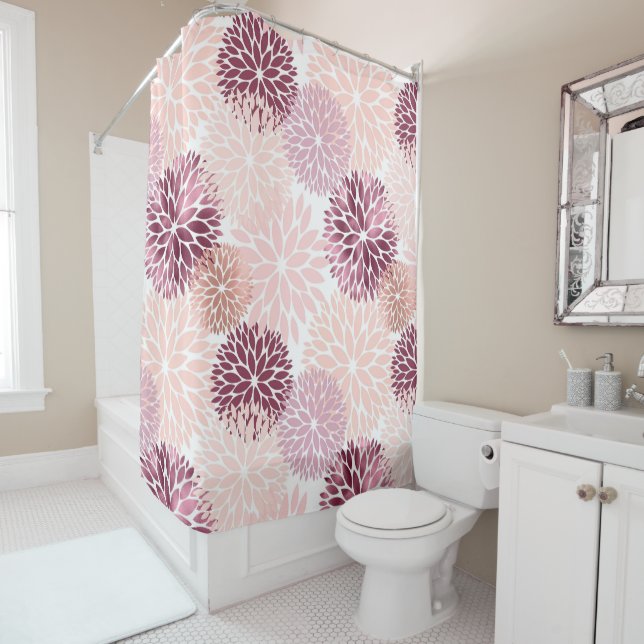 Stylish Chic Pink Floral Bridal Shower Shower Curtain (In Situ)