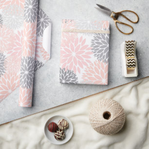 Stylish Chic Pink Grey Flowers Wrapping Paper