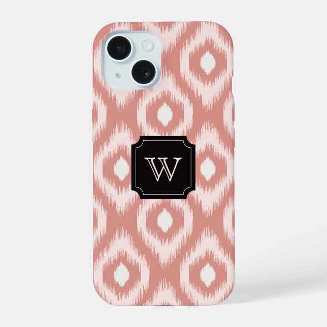 Stylish Chic Pink Ivory Diamond Ikat Monogram iPhone 15 Case (Back)