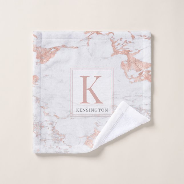Stylish Chic Rose Gold Foil Marble Monogram Bath Towel Set (Wash Cloth)