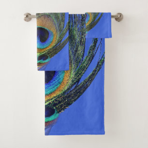 Stylish Chic Royal Blue Green Peacock Feather Bath Towel Set