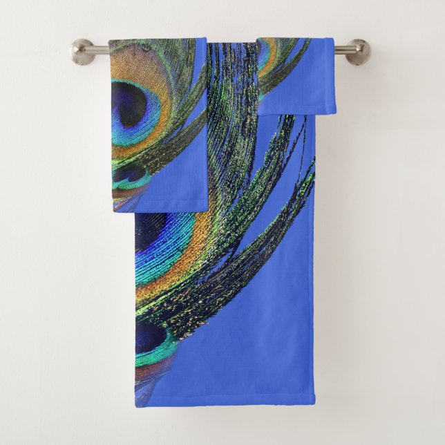 Stylish Chic Royal Blue Green Peacock Feather Bath Towel Set (Insitu)