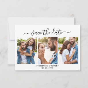 Stylish Chic Script 3 Photo Collage Wedding  Save The Date