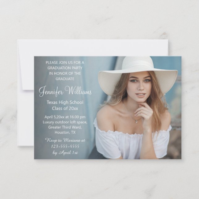 stylish chic script faded photo graduation  invitation (Front)