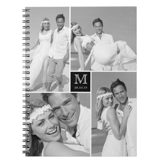 Stylish Chic Square Monogram Wedding Photo Collage Notebook (Front)