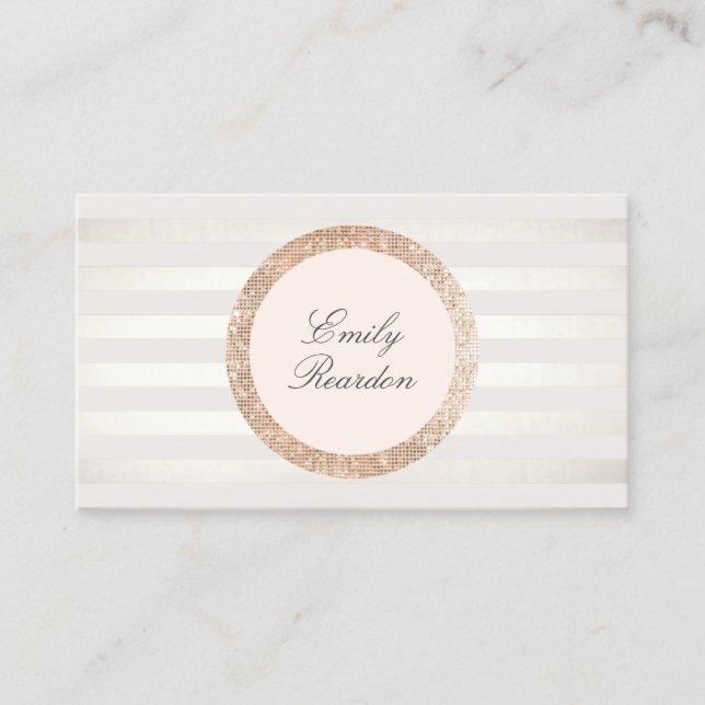 Stylish Chic Striped Rose Gold Sequin Pink Logo Business Card (Front)