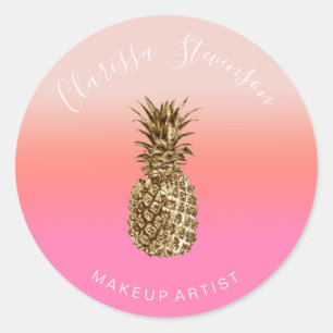 Stylish chick colourful gold pineapple pink makeup classic round sticker