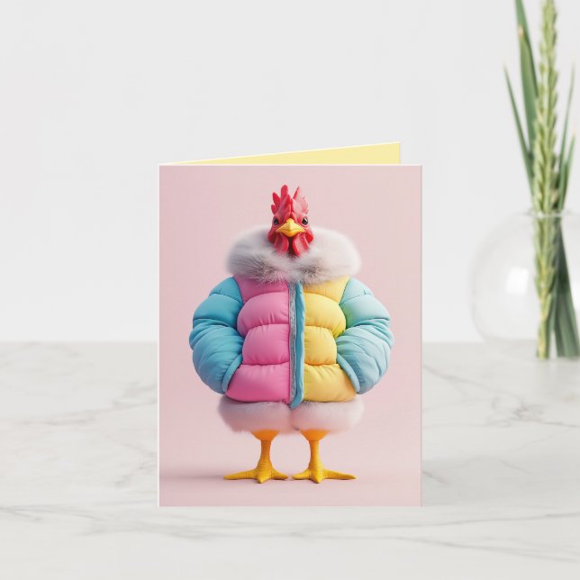 Stylish Chicken in Colourful Winter Puffer Jacket Invitation (Front)