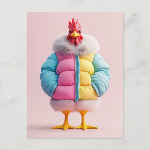 Stylish Chicken in Colourful Winter Puffer Jacket Postcard