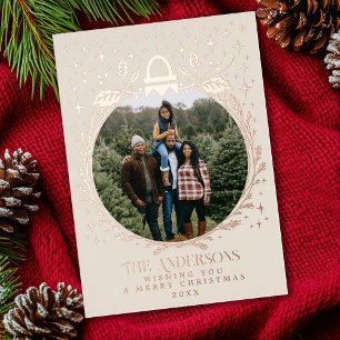 Stylish Christmas Foliage Ornament Photo  Foil Holiday Card