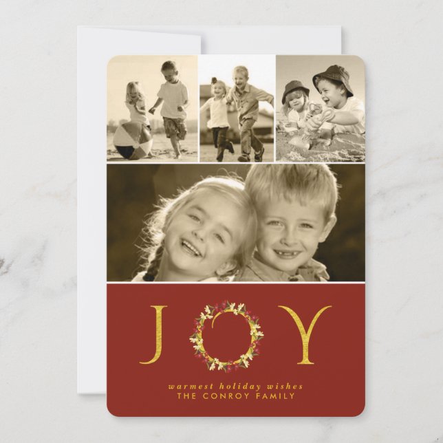 Stylish Christmas Joy Elegant Gold Floral Wreath Holiday Card (Front)