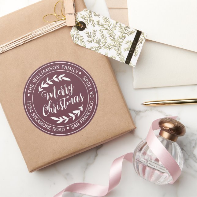 Stylish Christmas Joy Return Address Burgundy Classic Round Sticker (Gifting)