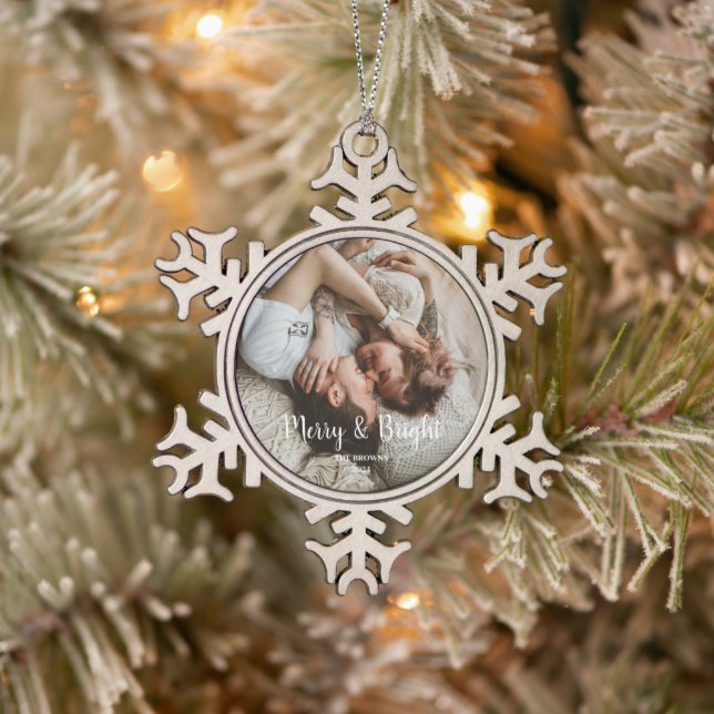 Stylish Christmas Merry Bright Family Photo Snowflake Pewter Christmas Ornament (Tree)