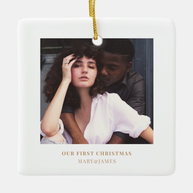 Stylish Christmas | Minimal Elegant Couple Photo Ceramic Ornament (Front)