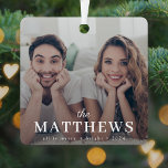 Stylish Christmas | Minimal Fun Couple Photo Metal Tree Decoration<br><div class="desc">A stylish modern photo holiday ornament with your surname featured in classic typography paired with a handwritten script font in white over your full size photograph. Your special photo will look gorgeous in this unique, modern and minimal design. A fun, minimal design to stand out from the crowd this christmas...</div>