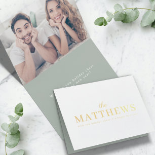 Stylish Christmas   Modern Sage Green Couple Photo Foil Card