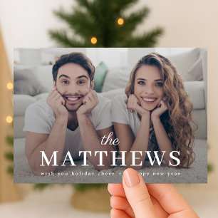 Stylish Christmas Modern Sage Green Couple Photo Holiday Card