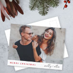 Stylish Christmas | Modern Trendy Couple Photo Holiday Postcard<br><div class="desc">A stylish holiday photo postcard with modern typography “Merry Christmas" in red and handwritten script typography for the couples name(s) on a clean simple minimalist white background. The photo, name and greeting can be easily customised for a personal touch. A simple, minimalist and contemporary christmas design to stand out this...</div>