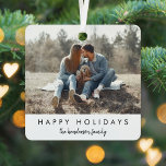 Stylish Christmas | Modern Trendy Minimal Photo Metal Tree Decoration<br><div class="desc">Simple, stylish, trendy holiday ornament decoration with modern minimal typography quote "Happy Holidays" in black on a clean simple white background. The design features ahandwritten script love family name in an informal casual style. The name and greeting can be easily customised for a personal touch. A bold, minimalist and contemporary...</div>
