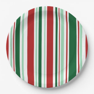 Stylish Christmas Party Red, Green, White Stripes Paper Plate