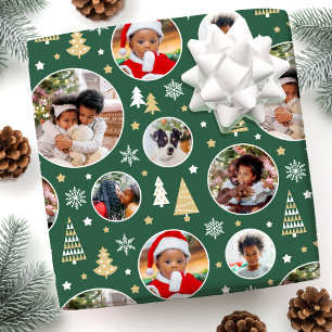 Stylish Christmas Photo Collage Trees Forest Green Wrapping Paper