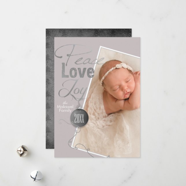 Stylish Christmas Photo Peace Love Joy Holiday Card (Front/Back In Situ)