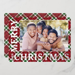 Stylish Christmas Plaid Photo Foil Holiday Card