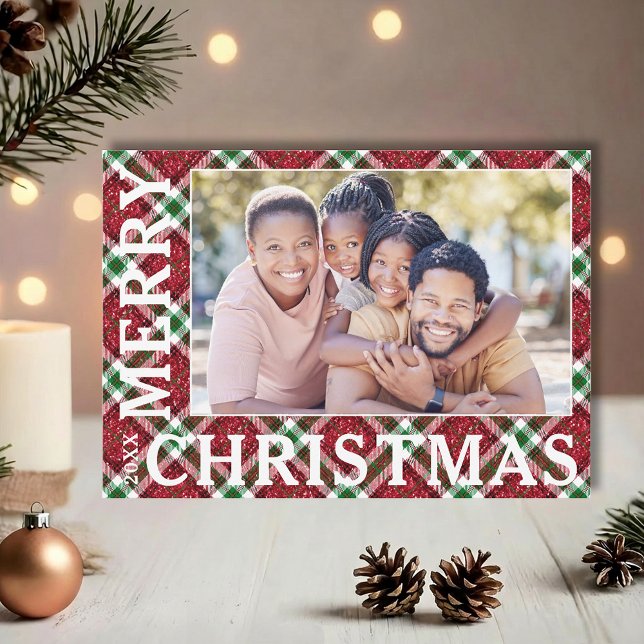 Stylish Christmas Plaid Photo Holiday Card (Stylish Merry Christmas in white on plaid photo holiday cards, PRINTED and/or INSTANT DOWNLOAD)