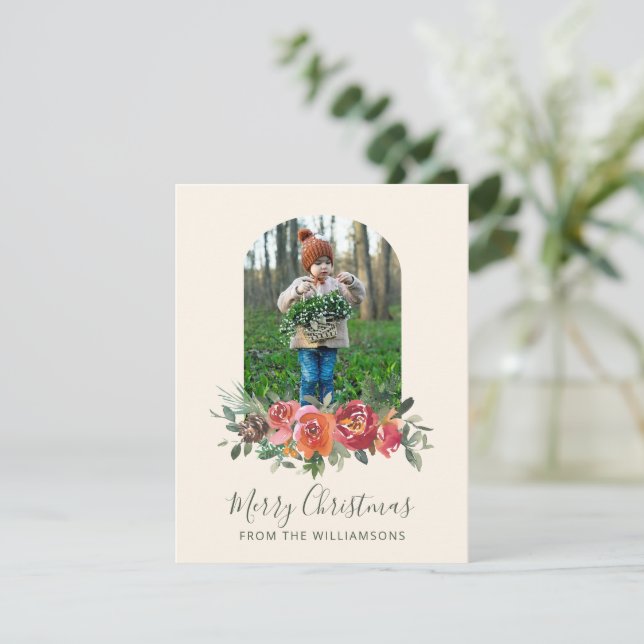 Stylish Christmas Red Floral Minimalist Photo  Holiday Card (Standing Front)