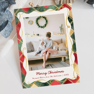 Stylish Christmas Red Green Plaid Pattern 1 Photo Holiday Card